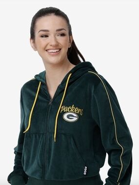 Foco Green Bay Packers Green Velor Zip Up Hoodie Sweatshirt Large